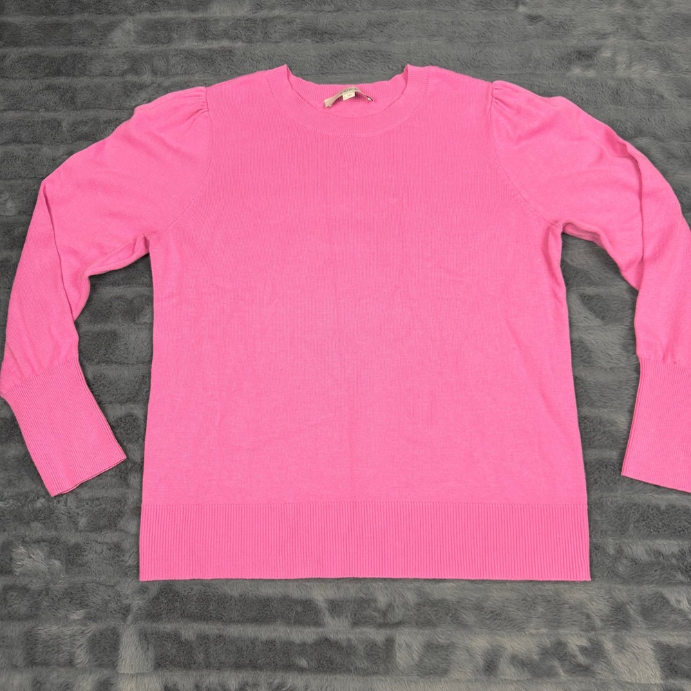 Loft Womens Pink Puff Shoulder Crew Neck Sweater Ribbed Cuffs Size L 15823